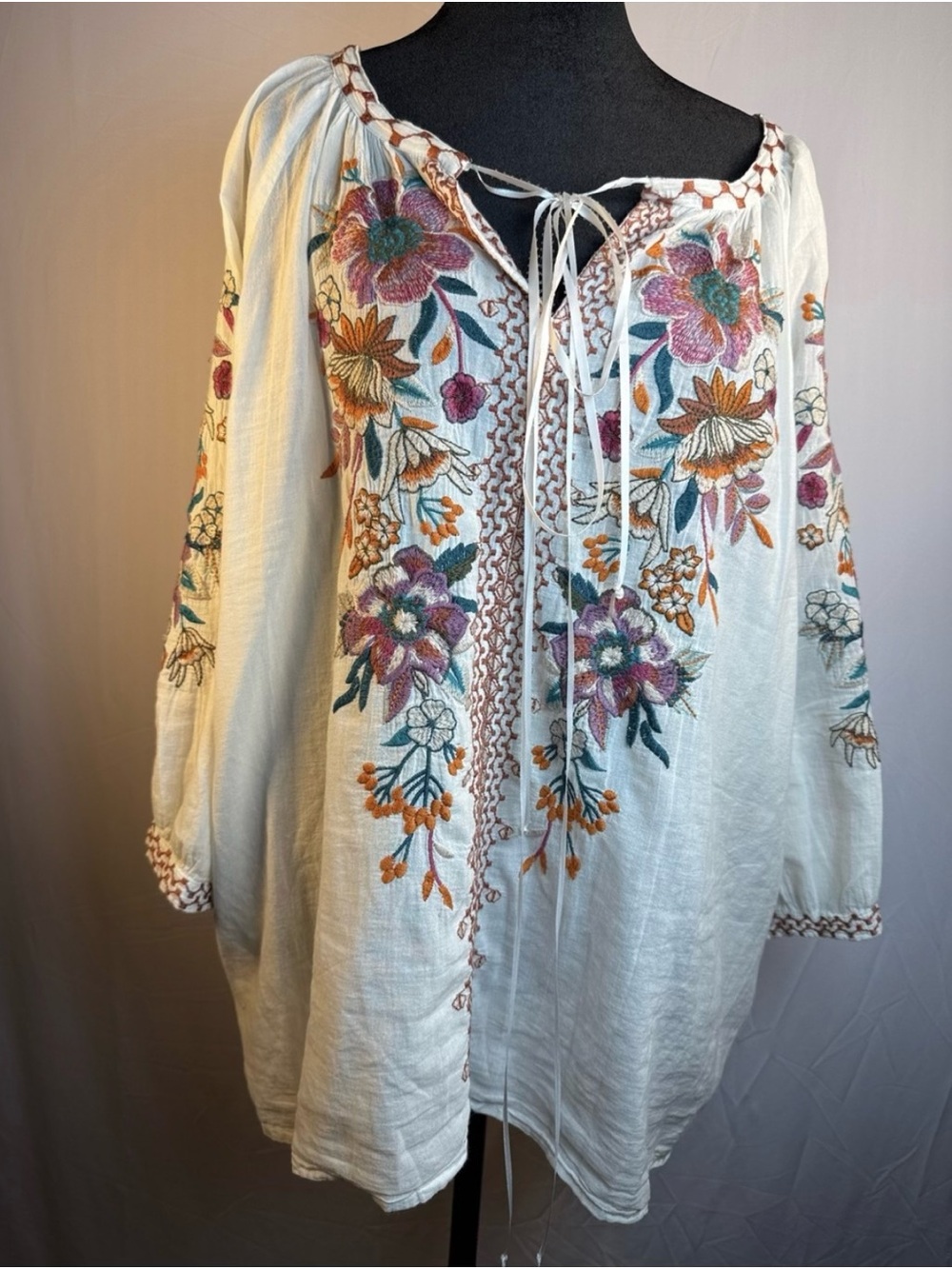 Embroidered Peasant Blouse - Ivory with Multicolor Floral Embroidery